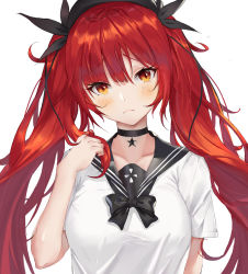 Rule 34 | 1girl, absurdres, azur lane, black bow, black choker, black ribbon, black sailor collar, blush, bow, breasts, brown eyes, choker, collarbone, hair between eyes, hair ribbon, hand up, head tilt, highres, honolulu (azur lane), honolulu (umbrella girl) (azur lane), long hair, looking at viewer, red hair, ribbon, sailor collar, sailor shirt, shirt, short sleeves, simple background, small breasts, solo, star (symbol), star choker, twintails, upper body, white background, white shirt, zest (watts99)