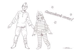 Rule 34 | 1boy, 1girl, :d, ahoge, barefoot, brown theme, character request, closed eyes, closed mouth, cyrillic, dated, full body, hat, horikou, long hair, long sleeves, looking at viewer, military, military uniform, monochrome, open mouth, pajamas, pants, real life, shirt, signature, smile, socks, soldier, soviet, soviet army, standing, star (symbol), striped clothes, striped pajamas, translation request, uniform, white background, yurucamp