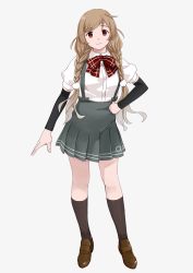 Rule 34 | 1girl, arm warmers, black socks, bow, bowtie, braid, brown footwear, cloud hair ornament, full body, gradient hair, grey background, grey skirt, hand on own hip, highres, kantai collection, kneehighs, light brown hair, loafers, long hair, looking at viewer, low twin braids, minegumo (kancolle), multicolored hair, ojipon, plaid, plaid bow, plaid bowtie, plaid neckwear, pleated skirt, red bow, red bowtie, red eyes, shirt, shoes, simple background, skirt, socks, solo, standing, suspender skirt, suspenders, twin braids, white shirt