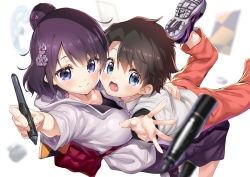 Rule 34 | age difference, aged down, alternate costume, bag, black hair, blue eyes, blurry, blurry background, blurry foreground, breast press, casual, commentary request, ekakibito, fate/grand order, fate (series), flower, fujimaru ritsuka (male), hair bun, hair flower, hair ornament, hand on another&#039;s back, hug, katsushika hokusai (fate), katsushika hokusai (traveling outfit) (fate), long skirt, official alternate costume, pants, purple eyes, shirt, short hair, single hair bun, sketchbook, skirt, stylus, white shirt
