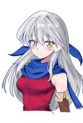 Rule 34 | 1girl, armpit crease, blue scarf, breasts, closed mouth, commentary request, cropped torso, fire emblem, fire emblem: radiant dawn, grey hair, hair between eyes, highres, long hair, micaiah (fire emblem), nintendo, scarf, siglud1225, simple background, smile, solo, upper body, white background, yellow eyes