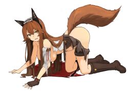 Rule 34 | 1girl, 2019, all fours, ass, boots, breasts, brown eyes, brown footwear, brown hair, brown tail, gloves, hanging breasts, highres, hitokuirou, large breasts, long hair, looking back, medium breasts, solo, tail, torn clothes, white background, wolf girl, wolf tail