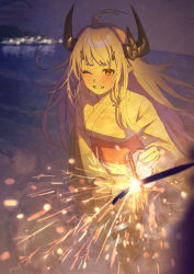 Rule 34 | 1girl, ;d, ahoge, alternate costume, arknights, beach, blush, breasts, feet out of frame, fireworks, grey hair, grin, highres, holding, holding shoes, horizon, horns, japanese clothes, kimono, long hair, long sleeves, matoimaru (arknights), medium breasts, night, obi, ocean, one eye closed, open mouth, parted lips, red eyes, sandals, sash, shoes, signature, smile, solo focus, sparkler, standing, very long hair, wanko (realsight), white kimono, wide sleeves
