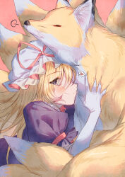 Rule 34 | 1girl, absurdres, blonde hair, closed eyes, closed mouth, commentary request, elbow gloves, fox, gloves, hat, hat ribbon, heart, highres, kitsune, kyuubi, long hair, looking at viewer, masanaga (tsukasa), mob cap, multiple tails, pink background, pink ribbon, puff of air, puffy short sleeves, puffy sleeves, purple eyes, purple shirt, ribbon, shirt, short sleeves, split mouth, spoken heart, tail, touhou, white gloves, yakumo ran, yakumo ran (fox), yakumo yukari