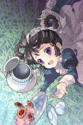 Rule 34 | apron, artist request, black hair, braid, cookie, crying, crying with eyes open, emphasis lines, falling, food, lowres, maid, maid apron, maid headdress, new maid, open mouth, outstretched hand, plate, purple eyes, short hair, solo, sword girls, teapot, tears, tray