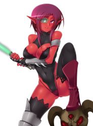 Rule 34 | 1girl, armor, blush, boots, breast press, breasts, cleavage, cleavage cutout, clothing cutout, colored skin, detached sleeves, female focus, gloves, half visor, high heels, highres, jewelry, large breasts, lips, panties, pink eyes, pointy ears, red eyes, red hair, red skin, red theme, short hair, skull, smile, solo, spread legs, sword, thighs, uncraft me!, uncraft me 2!, underwear, weapon