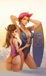 Rule 34 | 2girls, arm tattoo, arms behind back, arms up, ass, back, bare shoulders, blue one-piece swimsuit, breasts, brown eyes, brown hair, center opening, cleavage, collarbone, contrapposto, d.va (overwatch), facepaint, facial mark, from behind, front zipper swimsuit, green eyes, headphones, highres, large breasts, legs apart, li moly, lips, lipstick, long hair, makeup, medium breasts, meme attire, multiple girls, ocean, one-piece swimsuit, one-piece thong, overwatch, overwatch 1, parted lips, partially submerged, pink hair, pink one-piece swimsuit, scar, scar across eye, scar on face, short hair, standing, surfboard, swimsuit, tattoo, thigh gap, thong, thong one-piece swimsuit, unzipped, wading, water, whisker markings, zarya (overwatch), zipper