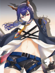 Rule 34 | 1girl, arknights, belt, belt pouch, black gloves, black jacket, black shorts, blue hair, breasts, ch&#039;en (arknights), collared shirt, commentary, cowboy shot, dragon horns, dragon tail, dress shirt, fingerless gloves, floating hair, gloves, gradient background, grey footwear, hair between eyes, highres, holding, holding sword, holding weapon, horns, jacket, kawausoman, long hair, medium breasts, midriff, navel, necktie, open clothes, open jacket, parted lips, pouch, red eyes, serious, shadow, shirt, short shorts, shorts, signature, solo, sword, tail, thighs, twintails, walkie-talkie, weapon, white background, white shirt, yellow necktie