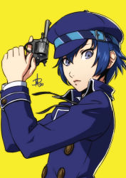 Rule 34 | 1girl, androgynous, belt, belt buckle, blue eyes, blue hair, blue jacket, buckle, buttons, cabbie hat, closed mouth, commentary, english commentary, gun, hair between eyes, handgun, hat, highres, holding, holding gun, holding weapon, jacket, lips, looking at viewer, persona, persona 4, polarityplus, reverse trap, shirogane naoto, short hair, signature, simple background, solo, upper body, weapon, yellow background