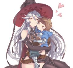 Rule 34 | 1boy, 1girl, age difference, breasts, cleavage, gran (granblue fantasy), granblue fantasy, happy, hat, huge breasts, long hair, magisa (granblue fantasy), sakurama haruomi, sideboob, silver hair, smile, thighhighs