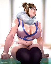 Rule 34 | 1girl, breasts, brown eyes, brown hair, cleavage, curvy, glasses, large breasts, looking at viewer, mei (overwatch), navel, overwatch, overwatch 1, parted lips, plump, sitting, solo, stomach, thick thighs, thighhighs, thighs, wide hips