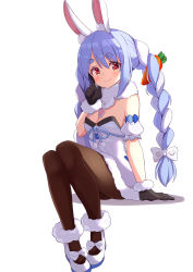 Rule 34 | 1girl, ame., animal ear fluff, animal ears, arm support, black gloves, black leotard, blue hair, blush, bow, braid, breasts, brown pantyhose, carrot hair ornament, cleavage, closed mouth, commentary request, detached sleeves, don-chan (usada pekora), dress, food-themed hair ornament, fur-trimmed dress, fur-trimmed gloves, fur trim, gloves, hair between eyes, hair bow, hair ornament, hand up, highres, hololive, index finger raised, leotard, long hair, looking at viewer, medium breasts, multicolored hair, pantyhose, puffy short sleeves, puffy sleeves, rabbit ears, red eyes, shadow, shoes, short eyebrows, short sleeves, sitting, smile, strapless, strapless dress, strapless leotard, thick eyebrows, twin braids, twintails, two-tone hair, usada pekora, usada pekora (1st costume), very long hair, virtual youtuber, white background, white bow, white dress, white footwear, white hair, white sleeves