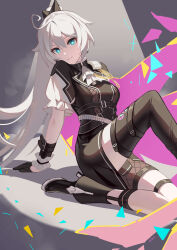 Rule 34 | 1girl, absurdres, ahoge, ai dongdong, arm support, black footwear, black shirt, black skirt, black thighhighs, blue eyes, closed mouth, commentary, cosplay, crown, earrings, english commentary, foot out of frame, hair between eyes, high ponytail, highres, honkai (series), honkai impact 3rd, jewelry, kiana kaslana, kiana kaslana (herrscher of flamescion), light smile, lio fotia, lio fotia (cosplay), long hair, looking at viewer, official alternate costume, ponytail, promare, shirt, single thighhigh, skirt, thighhighs, white hair