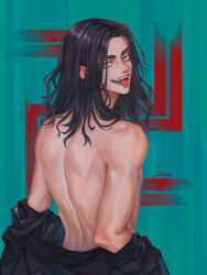 Rule 34 | 1boy, absurdres, artist name, baji keisuke, bare back, bare shoulders, black hair, black shirt, blue background, clothes pull, fang, from behind, highres, long hair, looking at viewer, looking back, male focus, shirt, shirt down, shirt pull, shoulder blades, smirk, solo, staryoruu, teeth, thick eyebrows, tokyo revengers, tongue, upper body, yellow eyes