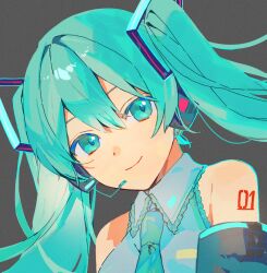 Rule 34 | 1girl, bare shoulders, black sleeves, blue eyes, blue hair, blue necktie, closed mouth, collared shirt, detached sleeves, dutch angle, frilled shirt, frills, grey background, hair between eyes, hair ornament, hatsune miku, headset, highres, long hair, long sleeves, looking at viewer, microphone, necktie, number tattoo, portrait, sano (ekk fy), shirt, sidelocks, simple background, smile, solo, tattoo, twintails, vocaloid, white shirt