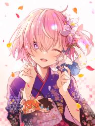 Rule 34 | 1girl, blush, breasts, commentary request, fate (series), floral print, flower, fou (fate), hair flower, hair ornament, hair over one eye, highres, japanese clothes, kimono, large breasts, looking at viewer, mash kyrielight, mash kyrielight (grand new year), official alternate costume, one eye closed, open mouth, pink flower, purple eyes, purple hair, purple kimono, short hair, smile, solo, wasa (pixiv29582664)