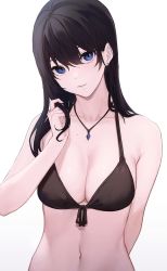 Rule 34 | 1girl, arm behind back, bare arms, bare shoulders, bario, bikini, black bikini, black hair, blue eyes, breasts, cleavage, earrings, halterneck, hand up, highres, jewelry, long hair, looking at viewer, medium breasts, mole, mole on body, navel, necklace, original, simple background, solo, stomach, string bikini, stud earrings, swimsuit, upper body, white background