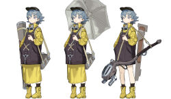 1girl absurdres al3x_alex bandage_on_face bandages black_hat black_socks blue_eyes blue_hair closed_mouth coat commentary_request goggles goggles_around_neck hat highres holding holding_umbrella multiple_views original short_hair simple_background socks standing strap umbrella variations white_background yellow_coat yellow_footwear