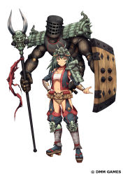 Rule 34 | 1girl, armor, armored boots, belt, boots, chaps, choker, detached sleeves, green hair, helmet, holding, holding shield, holding staff, k-suwabe, kitanoshou, kitanoshou (oshiro project), knee pads, long hair, looking at viewer, mask, navel, official art, oni mask, oshiro project:re, oshiro project:re, polearm, sarashi, shield, short shorts, shorts, shoulder armor, staff, translation request, utility belt, vambraces, vest, weapon, yellow eyes