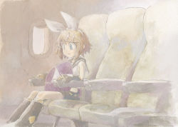 Rule 34 | 1girl, airplane interior, arm warmers, black collar, black shorts, blonde hair, blue eyes, borrowed character, bow, collar, commentary, crop top, haanbuun, hair bow, hair ornament, hairclip, highres, kagamine rin, leg warmers, looking at another, looking down, painting (medium), sailor collar, school uniform, seat, shirt, short hair, short shorts, shorts, sitting, swept bangs, traditional media, vocaloid, watercolor (medium), white bow, white shirt, window