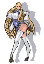 Rule 34 | 1girl, big hair, blonde hair, blue eyes, blunt bangs, breasts, briefcase, clothes lift, contrapposto, crossed legs, hand on own hip, highres, huge breasts, jojo no kimyou na bouken, long hair, nameo (judgemasterkou), ojou (nameo), original, ringlets, skirt, skirt flip, skirt lift, solo, standing, thighhighs, very long hair, white thighhighs