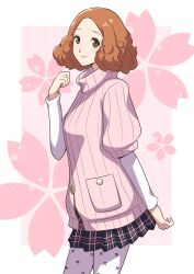 Rule 34 | 1girl, absurdres, arm up, border, brown eyes, brown hair, closed mouth, commentary request, eyelashes, floral background, highres, looking at viewer, medium hair, okumura haru, outside border, pantyhose, persona, persona 5, pink background, pink sweater, plaid, plaid skirt, print pantyhose, ryochan96154, skirt, solo, standing, sweater, white border, white pantyhose