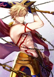 Rule 34 | 1boy, absurdres, arm up, blonde hair, chain, ea (fate/stay night), enkidu (weapon) (fate), fate (series), gilgamesh (fate), gradient background, grey background, hair between eyes, hand on own hip, highres, holding, holding sword, holding weapon, male focus, parted lips, red eyes, smile, solo, spiked hair, sword, tarao (13raven), weapon