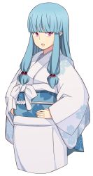 Rule 34 | 1girl, blue hair, blunt bangs, bobbles, commentary request, fang, hair ornament, hand on own hip, highres, japanese clothes, kimono, kiriha (tsugumomo), long hair, long sleeves, looking at viewer, michihasu, obi, open mouth, pointy ears, red eyes, sash, sidelocks, simple background, smile, solo, tsugumomo, white background