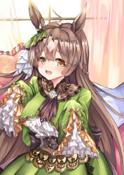 Rule 34 | 1girl, :d, absurdres, animal ears, backlighting, blouse, blush, braid, breasts, brown eyes, brown hair, center frills, commentary, curtains, day, frilled pillow, frills, green jacket, green skirt, hair between eyes, half updo, heart, heart-shaped pillow, highres, horse ears, indoors, jacket, large breasts, long hair, long sleeves, looking at viewer, multicolored hair, open mouth, pillow, pleated skirt, satono diamond (umamusume), setu (shining12), shirt, skirt, sleeves past fingers, sleeves past wrists, smile, solo, sunlight, teeth, transparent, two-tone hair, umamusume, upper teeth only, very long hair, white hair, white shirt, window