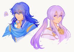 Rule 34 | 1boy, 1girl, alternate hairstyle, blue cape, blue eyes, blue hair, brother and sister, cape, chibi, circlet, deirdre (fire emblem), dress, fire emblem, fire emblem: genealogy of the holy war, hair down, hairstyle switch, highres, julia (fire emblem), lamb (contra entry), long hair, nintendo, ponytail, purple eyes, purple hair, seliph (fire emblem), siblings, simple background, upper body