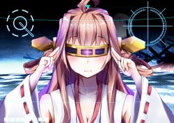 Rule 34 | 10s, 1girl, ahoge, bad id, bad pixiv id, bare shoulders, brown hair, detached sleeves, hairband, henet hene, japanese clothes, kantai collection, kongou (kancolle), long hair, personification, ribbon-trimmed sleeves, ribbon trim, solo, target, visor