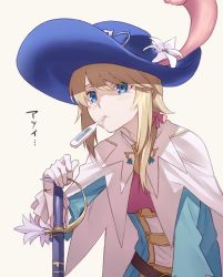 Rule 34 | 1other, androgynous, blonde hair, blue eyes, blush, bow, cape, chevalier d&#039;eon (fate), commentary request, digital thermometer, fate/grand order, fate (series), feathers, flower, frilled sleeves, frills, gloves, hair bow, hat, hat flower, kofunami nana, long hair, long sleeves, ponytail, simple background, solo, sword, thermometer, translation request, weapon