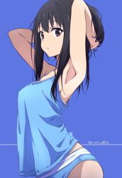 Rule 34 | 1girl, armpits, arms up, black hair, blue background, blue panties, blue shirt, brand name imitation, calvin klein, commentary request, dated, expressionless, highres, inoue takina, looking at viewer, lycoris recoil, nii manabu, panties, purple eyes, shirt, sleeveless, sleeveless shirt, solo, underwear
