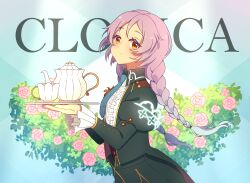 Rule 34 | 1girl, absurdres, braid, character name, clorica (rune factory), cup, english text, flower, frills, highres, holding, holding tray, long hair, long sleeves, looking at viewer, necktie, pocchan, purple hair, rune factory, rune factory 4, solo, teacup, teapot, tray, twin braids, yellow eyes