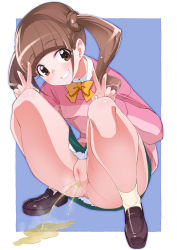Rule 34 | 1girl, black footwear, blue background, blush, bow, bowtie, breasts, brown eyes, brown hair, cleft of venus, double v, green skirt, grin, healin&#039; good precure, highres, hiramitsu hinata, long hair, long sleeves, looking at viewer, medium breasts, miyagoe yoshitsuki, no panties, orange neckwear, peeing, pink sweater, precure, puddle, pussy, shirt, shoes, skirt, smile, socks, squatting, steam, striped clothes, striped sweater, sweatdrop, sweater, teeth, twintails, uncensored, v, white legwear, white shirt