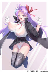 Rule 34 | 1girl, absurdres, bb (fate), bb (fate/extra), black coat, black legwear, black skirt, blush, breasts, coat, covered erect nipples, fate/extra, fate/extra ccc, fate (series), gloves, hair ribbon, high-waist skirt, highres, kamehito, large breasts, leotard, long hair, long sleeves, looking at viewer, neck ribbon, open clothes, open coat, open mouth, popped collar, purple eyes, purple hair, red ribbon, ribbon, skirt, smile, very long hair, white gloves, white leotard, wide sleeves
