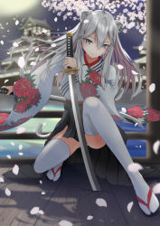 Rule 34 | 1girl, absurdres, ahoge, animal ears, architecture, blurry, cherry blossoms, closed mouth, clothing request, commentary request, dual wielding, east asian architecture, floral print, full body, geta, grey eyes, grey hair, hair between eyes, highres, holding, holding sword, holding weapon, hololive, katana, long sleeves, mira bluesky3, moon, night, outdoors, panties, petals, pink hair, railing, shishiro botan, smile, solo, squatting, sword, thighhighs, thighs, underwear, virtual youtuber, weapon, white panties, white thighhighs, wide sleeves