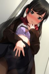 Rule 34 | 1girl, absurdres, black hair, black jacket, black skirt, blush, bow, bow bra, bra, breasts, brown eyes, brown pantyhose, closed mouth, clothes lift, hand to own mouth, highres, jacket, lifted by self, long hair, looking at viewer, matsunaga kouyou, nose blush, open clothes, open jacket, original, panties, panties under pantyhose, pantyhose, pleated skirt, purple bra, red scarf, scarf, shirt, shirt lift, skirt, skirt lift, small breasts, solo, twintails, underwear, white shirt