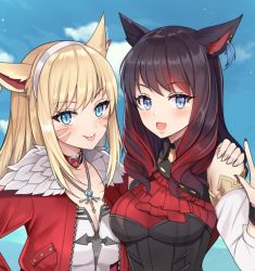 Rule 34 | 2girls, animal ears, warrior of light (ff14), bad id, bad vkontakte id, black hair, blonde hair, blue eyes, blush, breasts, choker, cleavage, closed mouth, commission, corset, detached sleeves, facial mark, final fantasy, final fantasy xiv, fur-trimmed jacket, fur trim, hairband, hand on another&#039;s shoulder, heart, heart choker, jacket, jewelry, jirafuru, large breasts, long hair, looking at viewer, medium hair, miqo&#039;te, multicolored hair, multiple girls, necklace, open mouth, red hair, red jacket, smile, tongue, tongue out, two-tone hair
