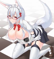Rule 34 | 1girl, animal ears, apron, areola slip, bow, bowtie, breast rest, breasts, carried breast rest, carrying, checkered floor, elbow gloves, female focus, fox ears, fox tail, garter straps, glasses, gloves, huge breasts, kneeling, large breasts, long hair, maid apron, maid headdress, michaelob, mike (foxbox), multiple girls, original, red eyes, silver hair, solo, suggestive fluid, tail, thighhighs, white gloves, white thighhighs