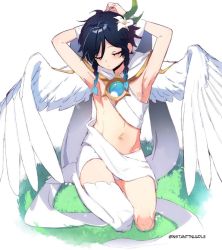 Rule 34 | 1boy, black hair, blue hair, braid, closed eyes, commentary, english commentary, feathered wings, flower, genshin impact, gradient hair, grass, hair flower, hair ornament, instanttnoodle, male focus, multicolored hair, navel, official alternate costume, short hair with long locks, single thighhigh, solo, thighhighs, twin braids, venti (archon) (genshin impact), venti (genshin impact), white background, white flower, white wings, wings