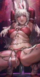 Rule 34 | 1girl, animal ears, aoin, armpits, arms up, blush, breasts, cameltoe, covered erect nipples, dancer (final fantasy), final fantasy, final fantasy xiv, grey hair, hair between eyes, highres, jewelry, large breasts, long hair, navel, necklace, parted lips, pole, pole dancing, purple eyes, rabbit ears, red footwear, shiny skin, solo, spread legs