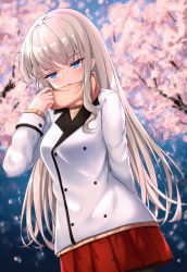 Rule 34 | 1girl, :o, black pantyhose, blue eyes, blush, breasts, brown scarf, brown sweater, commentary request, day, dutch angle, flower, half-closed eyes, hand up, highres, jacket, long hair, long sleeves, medium breasts, original, outdoors, pantyhose, parted lips, pink flower, pleated skirt, red skirt, ribbed sweater, scarf, silver hair, skirt, sleeves past wrists, solo, standing, sweater, tree, very long hair, white jacket, zhai mu q