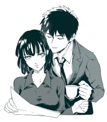 Rule 34 | 1boy, 1girl, black hair, black necktie, blunt bangs, closed eyes, closed mouth, commentary request, cup, dress, formal, fubuki (one-punch man), greyscale, highres, holding, holding cup, long sleeves, monochrome, necktie, one-punch man, saitama (one-punch man), shirt, short hair, simple background, smile, suit, sylvie271, teacup, white background, white shirt