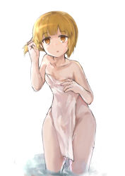 Rule 34 | 1girl, :o, absurdres, bad id, bad pixiv id, blonde hair, blunt bangs, breasts, collarbone, commentary, covering privates, cutlass (girls und panzer), ennui orz, girls und panzer, hand in own hair, highres, holding, holding towel, leaning forward, looking at viewer, naked towel, nude cover, one-hour drawing challenge, partially submerged, short hair, simple background, small breasts, solo, standing, thighs, towel, traditional media, wading, wet, wet hair, white background, white towel, yellow eyes