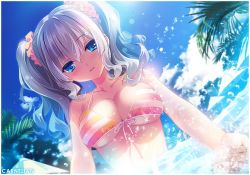Rule 34 | 10s, 1girl, artist name, bad id, bad twitter id, beach, beach umbrella, bikini, blue eyes, blush, breasts, carnelian, cloud, collarbone, day, dutch angle, hair between eyes, halterneck, kantai collection, kashima (kancolle), large breasts, long hair, looking at viewer, orange bikini, palm tree, parted lips, scrunchie, silver hair, solo, sparkle, striped bikini, striped clothes, sunlight, swimsuit, tree, twintails, umbrella, upper body, wading, wavy hair