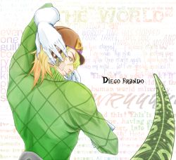 Rule 34 | 1boy, bad id, bad pixiv id, character name, diego brando, divina corona, english text, gloves, green eyes, green shirt, hands on own face, hat, jojo no kimyou na bouken, looking at viewer, looking back, male focus, muscular, scales, scary monsters (stand), shirt, short hair, solo, stand (jojo), steel ball run, sweater, tail, turtleneck, white gloves