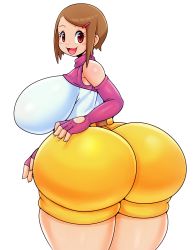 Rule 34 | 1girl, artist request, ass, bare shoulders, blush, blush stickers, breasts, deep skin, digimon, digimon adventure 02, elbow gloves, from behind, gloves, hand on ass, highres, huge ass, huge breasts, looking at viewer, looking back, open mouth, red eyes, shiny clothes, shiny skin, short hair, sideboob, smile, solo, yagami hikari