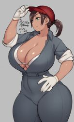 Rule 34 | 1girl, agawa ryou, baseball cap, bra, breasts, brown hair, cleavage, commentary, curvy, dark-skinned female, dark skin, dated, english commentary, gloves, green eyes, grey background, hand on own hip, hat, huge breasts, original, ponytail, red hat, signature, smile, solo, thick thighs, thighs, underwear, white bra, white gloves, wide hips