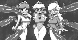 Rule 34 | 3girls, adapted costume, breasts, crown, curvy, greyscale, hair over one eye, heart, heart-shaped pupils, hiryou man (crap-man), imminent penetration, large breasts, leotard, licking lips, looking at viewer, mario &amp; sonic at the olympic games, mario &amp; sonic at the rio 2016 olympic games, mario (series), monochrome, multiple girls, multiple penises, naughty face, nintendo, penis, princess daisy, princess peach, rosalina, smile, super mario bros. 1, super mario galaxy, super mario land, sweat, symbol-shaped pupils, tongue, tongue out, uncensored